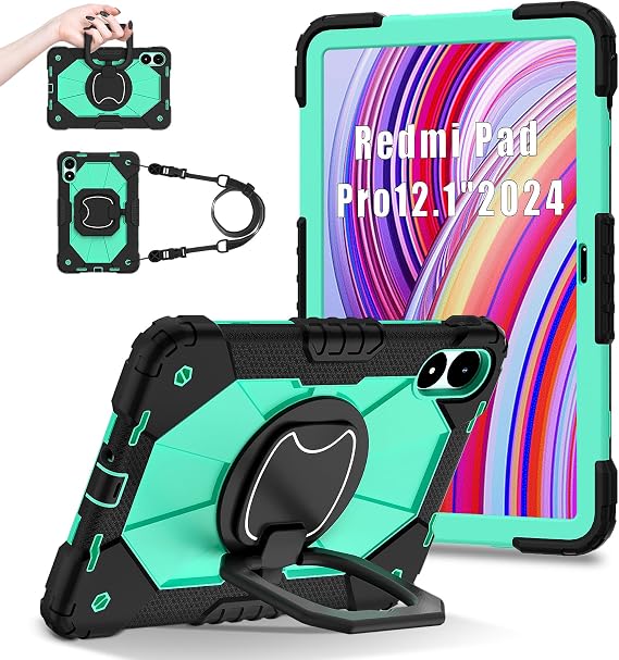 ショルダーストラップタブレットケース Xiaomi Redmi Pad Pro/Poco Pad 5G 12.1インチ用、キックスタンド、ハンドル、ショルダーストラップ付き高耐久耐衝撃保護カバー キッズ レディース メンズ ブラック ミントグリーン