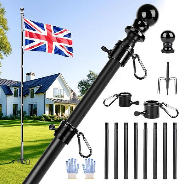 12 FT Flag Pole for Garden, Flagpole Kit with 5 Prongs Base, Heavy Duty Ground Flag Poles for Outside House, Extra Thick FlagPoles for Outdoor Backyard Garden (No Flag)
