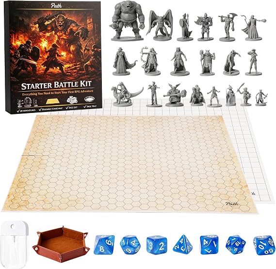 Path Gaming Complete Tabletop RPG Encounter Kit with Dry/Wet Erasable Double-Sided Game Board, 20 Unique Fantasy Miniatures, 7-Piece Polyhedral Dice and Dice Tray for DND Map and Game Masters