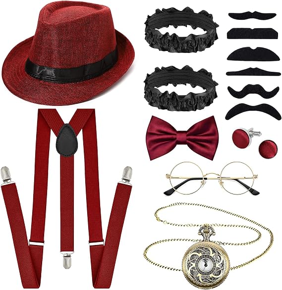 15Pcs 1920s Gatsby Costume Accessories for Men, Roaring 20s Great Gastby Outfit with Fedora Hat Suspenders Pocket Watch Bow Tie Glasses Beards Cuffs Cufflinks for Theme Party Masquerade Dress up Day