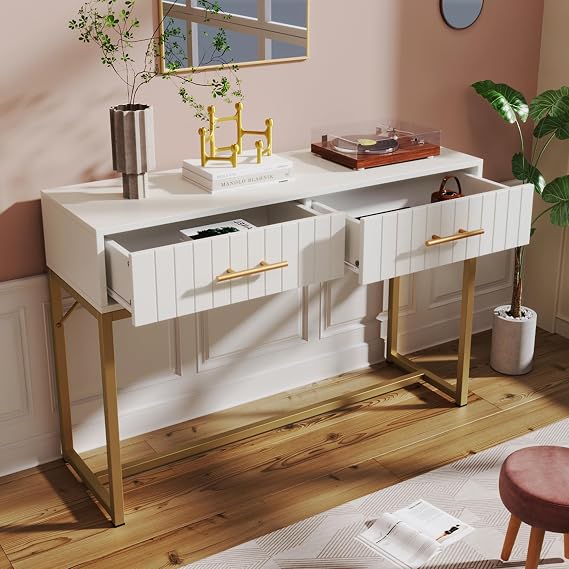 Dressing Table with 2 Large Storage Drawers, Vanity Desk with Gold Metal Legs Frame, Modern Makeup Desk with Decorative Drawers Bedroom, White, 100 x 75 x 45cm