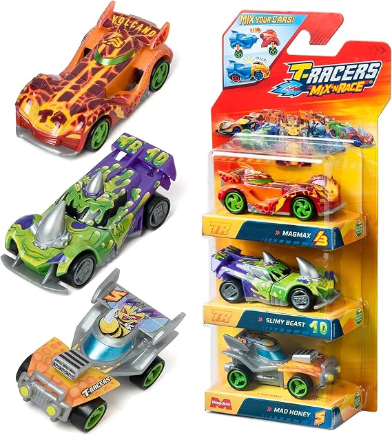 T-RACERS Mix ´N RACE 3 Pack – Pack of 3 collectible cars. Each car can be split in two with interchangeable parts and wheels. Pack 1/12