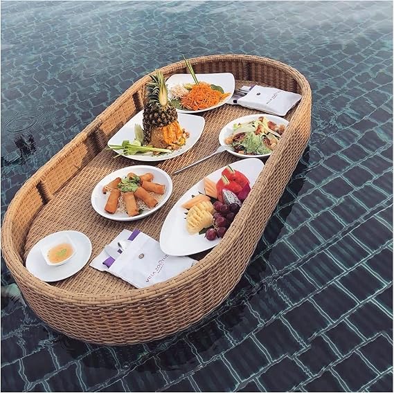 Luxury Floating Serving Tray Pool Tray Table, 150X50X20Cm Rattan Floating Breakfast Tray, Oval Yellow Swimming Floating Serving Trays Table Bar Rattan Woven Pool Serving Trays