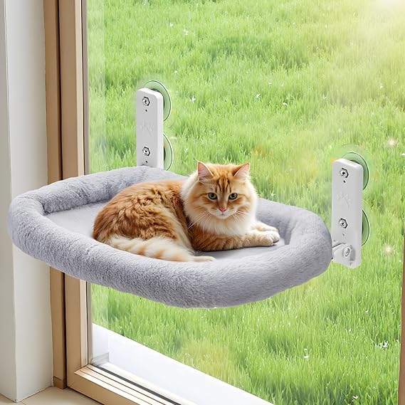 The Fellie Foldable Cat Window Hammock, Sturdy Window Cat Bed, Cats Perch Beds for Indoor, Reversible Hanging Bed Window, 60x30cm Washable Cats Window Perch, Grey