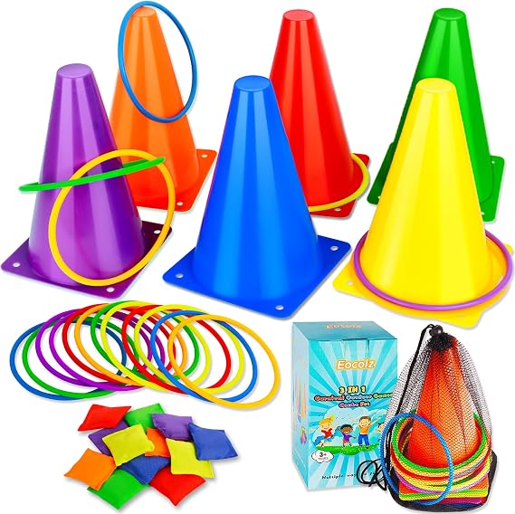 Eocolz 3-in-1 Karnevals-Spiele-Set weiche Kunststoff-Kegel Sitzsäcke Ringwurfspiele für Kindergeburtstag Party Outdoor-Spiele Zubehör Kombi-Set
