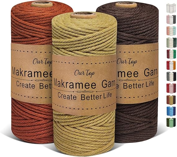 Macrame Thread 3 mm x 100 m, Set of 3 Macrame Cord Macrame Macrame Thread for Crafts, Wall Hanging, Bohemian Decoration (Coffee, Brick Red, Brown)