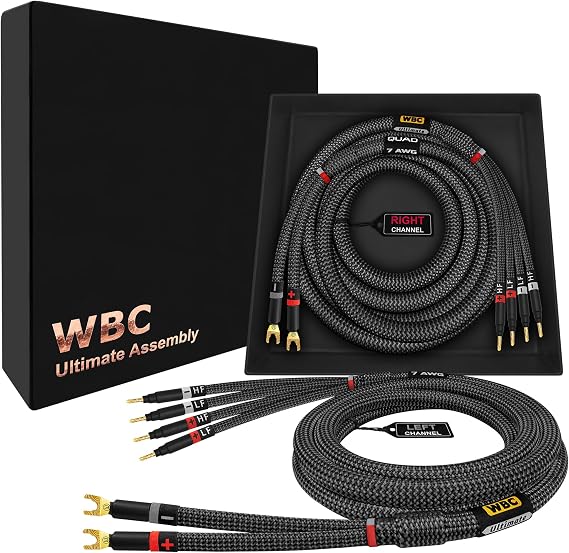 WORLDS BEST CABLES 12フィート アルティメット - 7AWG - ウルトラピュア OFC – エクストラプレミアム オーディオファン HiFi バイワイヤスピーカーケーブル ペア Eminence Gold Spade x2 & バナナ x4 プラグ&カーボンツイードジャケット付き