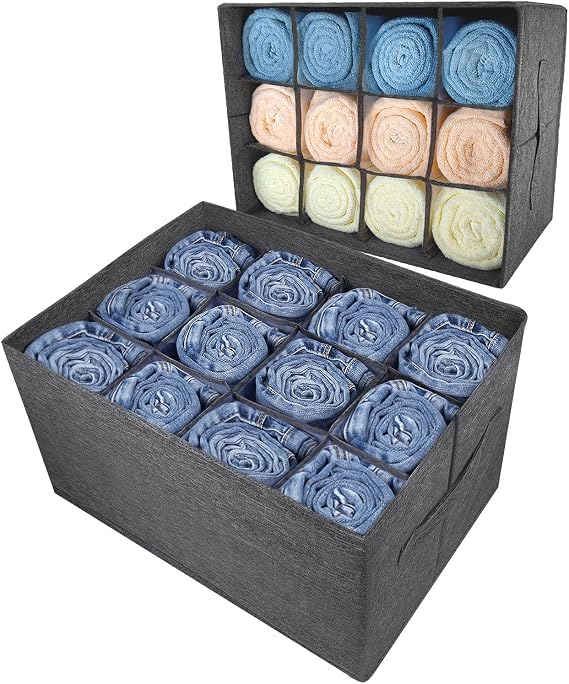 2 Pack 12-Grid Wardrobe Storage Organiser Boxes with Dividers for Clothes