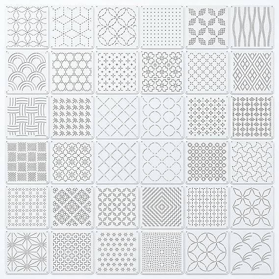 32PCS Sashiko Stencil Kit,Plastic Sashiko Stencil Set,4.7 X 4.7Inch Geometric Embroidery Templates for Hand Quilting, Sewing and Textile Design
