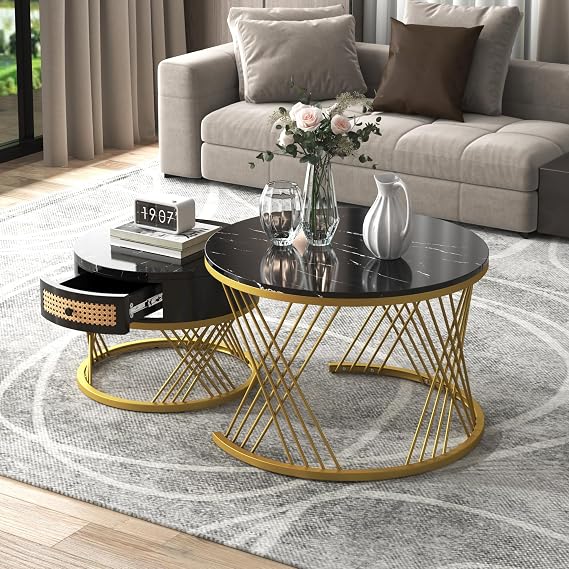 2-in-1 coffee table set, MDF with marble look, rattan drawers & wooden handles, golden iron feet, 70×70+50×50 cm