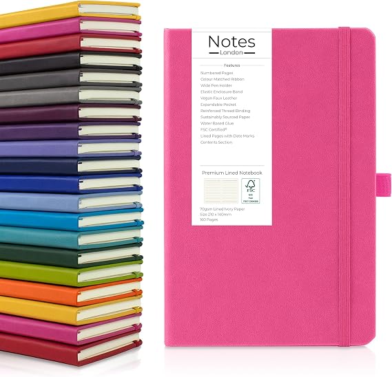 Notes London Eco A5 Notebook with Numbered Lined Pages, Contents Pages, Pen Loop, Ribbon, Date Marks & Paper Pocket, Medium Hardback Journal, sustainably sourced paper (Pink)