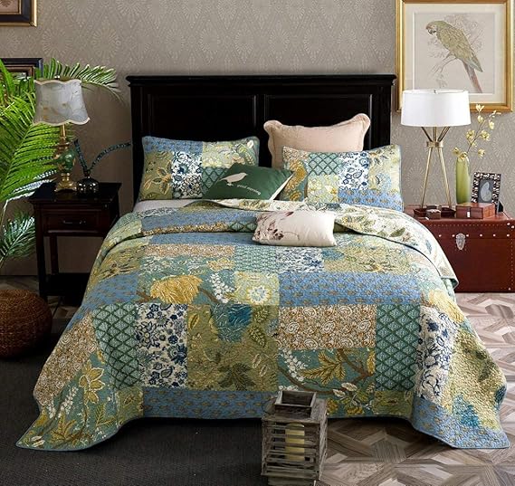 Qucover Patchwork Bedspread Set for 135/150 Bed, 100% Cotton Bedspread