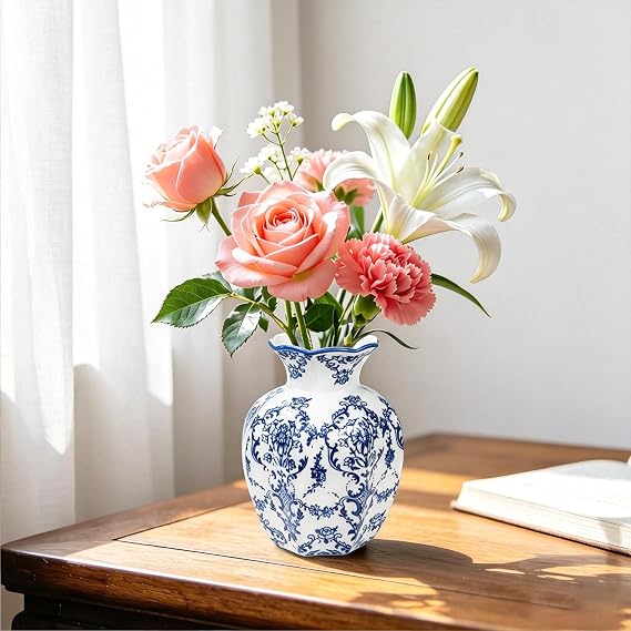 Ceramic Vase - 15cm Small Rustic Vases for Flowers Blue and White Chinoiserie Ceramic Vases with Hand-Painted Crabapple Floral Boho Vases for Home Decor Wedding Dinner Table Office Bedroom