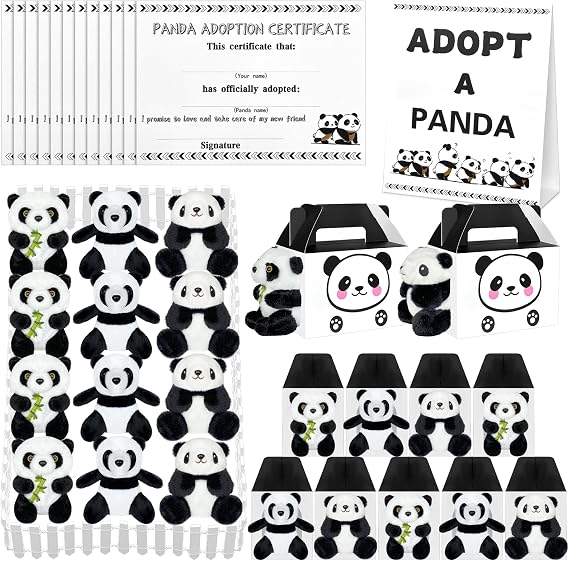 Adopt Pandaパーティー記念品38枚。ミニパンダぬいぐるみ12枚、折りたたみ式ボックス12枚、養子縁組カード12枚、養子縁組サイン1枚、ジャングルパーティー用品用フェンス1枚、ペットの養子縁組ベビーシャワー誕生日ギフトに。
