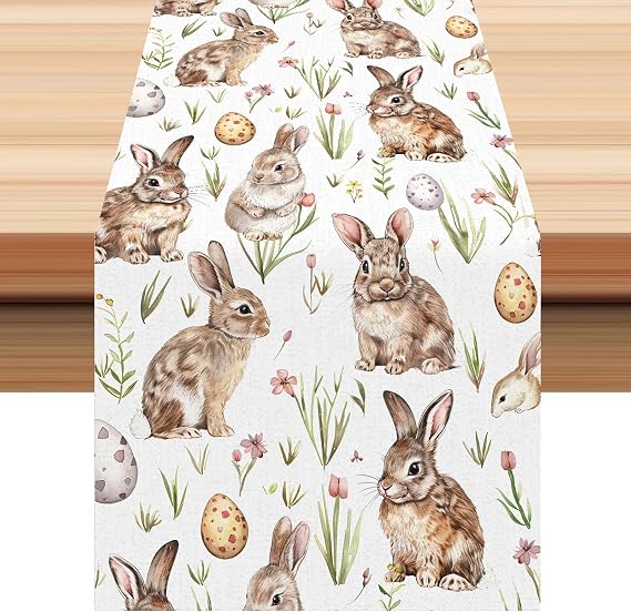 Easter Table Runner 40 x 140 cm Waterproof Rabbit Tulip Pattern Easter Tablecloth Linen Tablecloth Easter Reusable Table Runner Spring for Kitchen Table Indoor Party