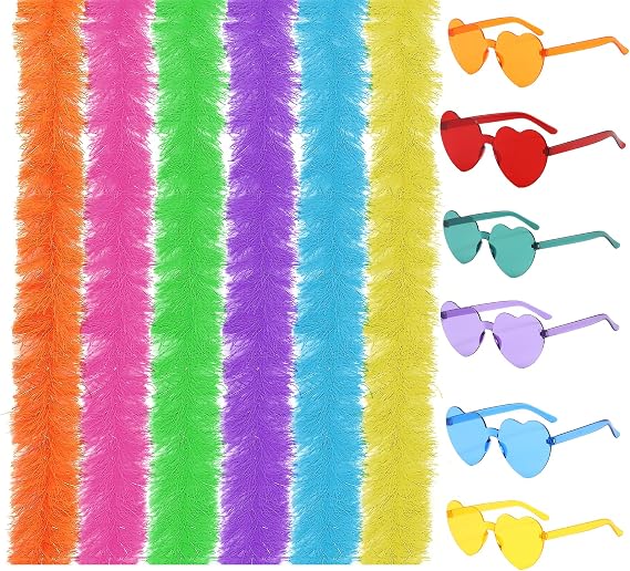 6 PCS Multipack Feather Boas with 6 PCS Frameless Sunglasses, 6.6ft Fancy Dress Feather Boa for Women, Artificial Fluffy Boas for Dancing Wedding
