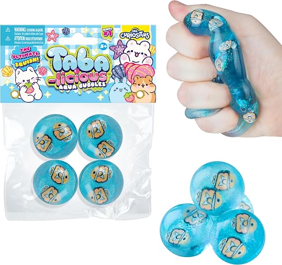 ORB Tabalicious アクアバブル TABA スクイーズフィッシュおもちゃ - かわいい粘着性のあるTABAグリッターオーブ4個 内側にカクレクマノミ2個付き - 海をテーマにしたストレスボールスクイッズ - かわいい感覚フィジェットトイ 子供と大人向け