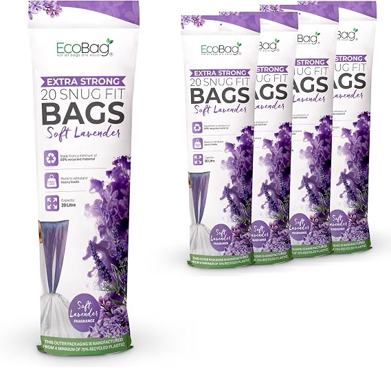 EcoBag - Lavender Scented Kitchen Drawstring Bin Liner - 20L - 24 Microns - Heavy Duty, Extra Strong, Brabantia Compatible, Tear Resistant, Odor Control (420 x 760mm) (20L, Pack of 1 (100 Count))