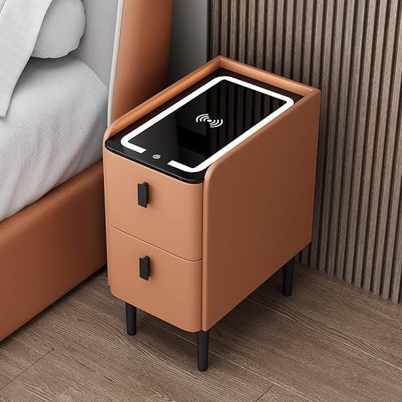 Modern Smart Bedside Table with Wireless Charging Station LED Lights and 2 Drawer Nightstand Home Gadgets Tech (Orange 30 * 40 * 48CM)