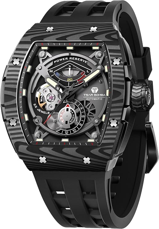 TSAR BOMBA Watchs for Men Automatic Carbon Fiber - Luxury Tonneau Watch - Energy Storage Indicator - Sapphire Glass - 50m Waterproof - Fluororubber Strap