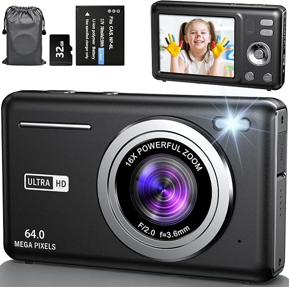 Photo Camera 64MP 4K Compact Digital Camera with Zoom 16X 2.8" LCD Compact Portable Camera with 32GB Card for Kids Beginners Adult (Black)