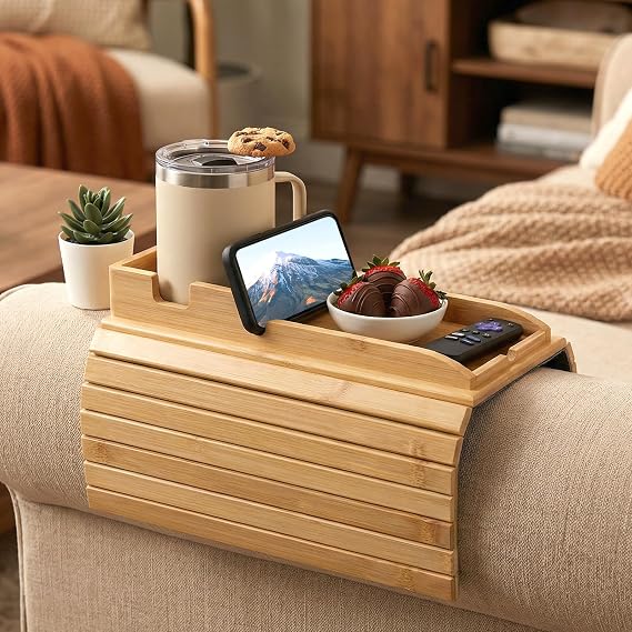Bamboo Sofa Arm Tray Couch Cup Holder with Non-Slip Base & Side Storage Pockets Multifunctional Sofa Armrest Tray for Drinks Snacks Remote Control Phone, Ideal for Movie Nights & Family Relaxation