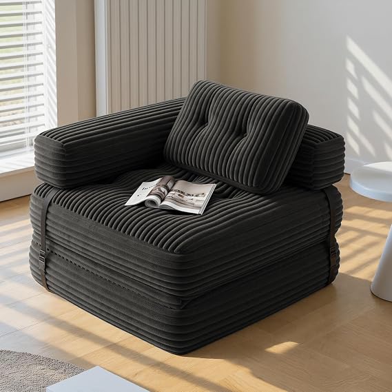Xbro Folding Sofa Bed with L Armrests, 2 in 1 Portable Convertible Bed for Small Spaces, Corduroy Fabric with Foam Filling, 170 x 85 cm Unfolded (Black)