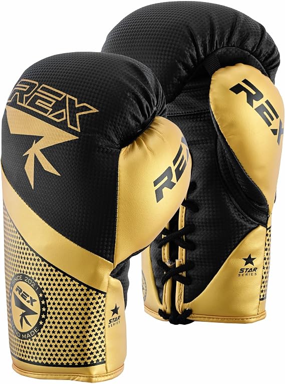 REX Lace up Boxing Gloves, Pro Training Sparring, Maya Hide Leather, Muay Thai MMA Kickboxing, Men Women Adult, Heavy Punching Bag Focus Mitts Pads Workout, Ventilated Palm,