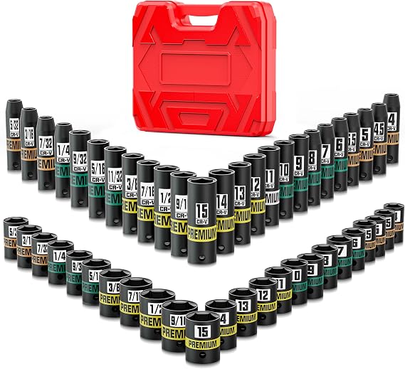1/4" Drive Impact Socket Set, 50-Piece Standard SAE (5/32" - 9/16") and Metric (4 mm - 15 mm) Size, Deep and Shallow Sockets, Cr-V Steel, 6 Point, Auto Repair Bicycle Maintenance