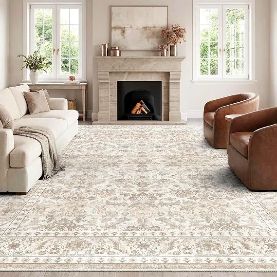 HOMFINE 120x170cm Beige Vintage Washable Area Rug for Bedroom Living Room