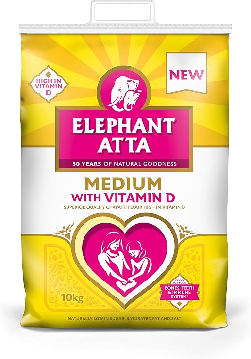 Elephant Atta Medium Atta Flour with Vitamin D | Atta | Vitamin D | Chapatti Flour | Forfeited Flour | Health Flour | Vit D | Naan Flour | Roti Flour | Plain Flour | (10kg)