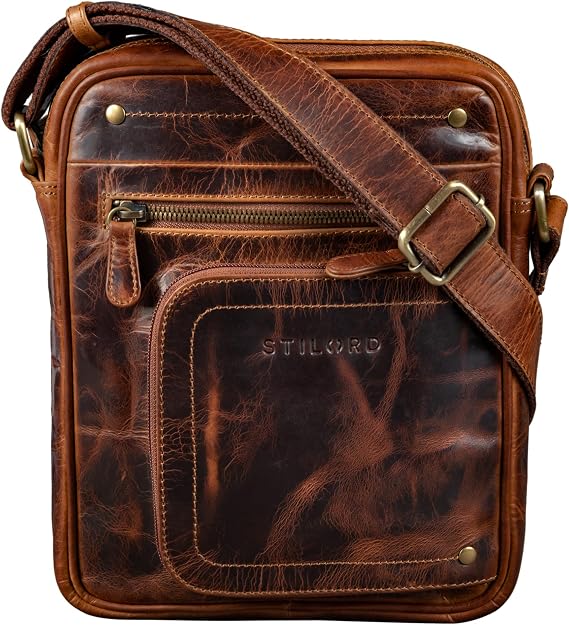 STILORD "Randall" Leather Shoulder Messenger Bag for DIN A5 Documents 9.7 Inch Tablet Cross Body Bag Satchel Pouch Messenger in Genuine Leather Colour:Kara - Cognac