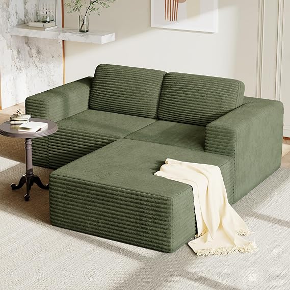 Vesgantti 202cm L-Shaped Modular Sectional Sofa, Corduroy Cloud Couch with Deep Seat & Spring Support, 2-Seater Boneless Couch with Ottoman for Living Room, Bedroom, No Assembly Required, Green