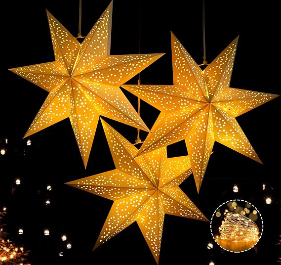 Houism Paper Star Folding Star Christmas Set of 3 Christmas Stars with LED