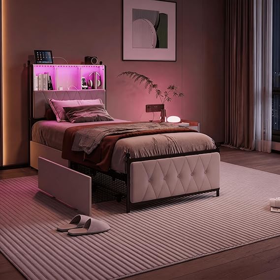 Single Bed Frame 90x190 cm with 2 Storage Drawers, Velvet Upholstered Bed with LED Headboard, USB & Type-C Charging, Storage Shelves, Metal Frame and Wooden Slats, Beige
