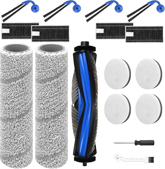 17 Piece Ecovacs Deebot X11 OmniCyclone Accessory Kit, 1 Main Brush, 2 Roller Mops, 4 Sponge Filters, 4 Side Brushes, 4 HEPA Filters, 1 Screwdriver, 1 Clean Brush