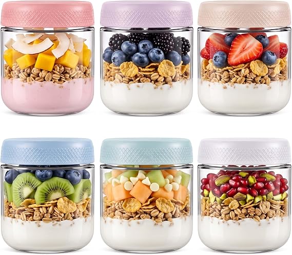 Eidoct 6-Pack 10.6 oz Overnight Oats Jar Glass Jar with Lid Breakfast Pots