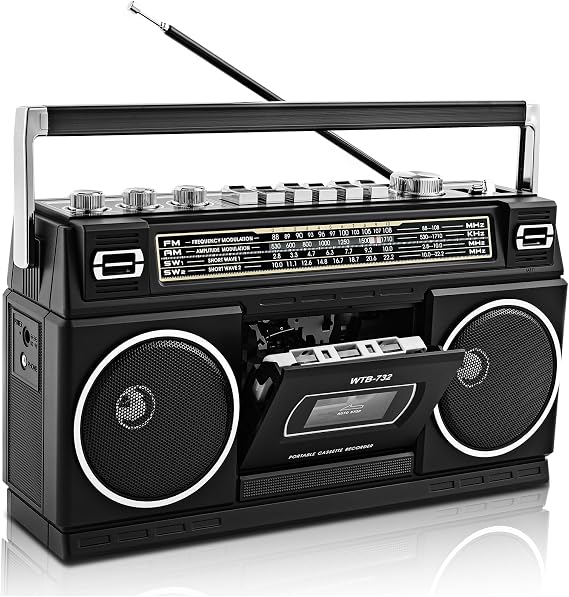 Vintage Classic 80s Style Portable Stereo Boombox with Cassette Player Recorder, Bluetooth, AM/FM/SW Radio, 24W Dual Full-Range High Bass Speakers, USB/SD Card Slots