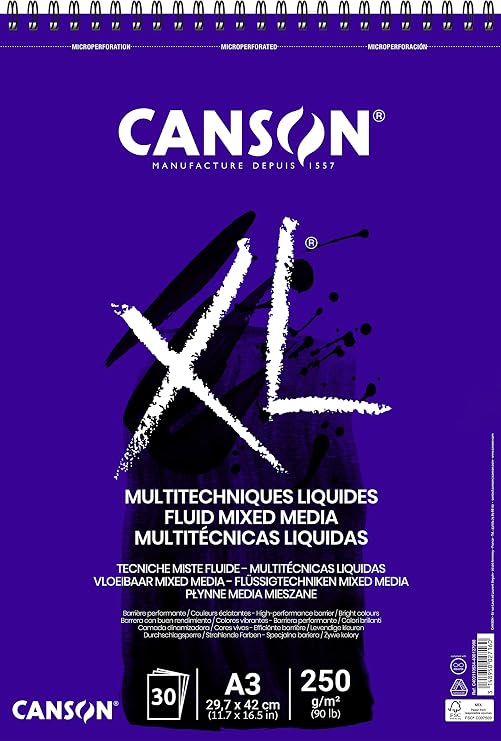 Canson XL, Mixed Media Fluid Paper, Soft, 250 g, Spiral on Short Side, A3-29.7x42 cm, Extra White, 30 Sheets