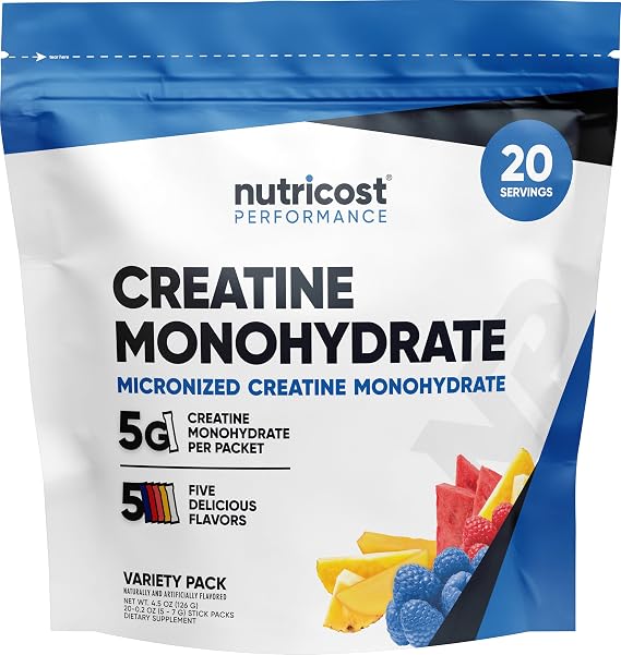 Nutricost Creatine Monohydrate Powder Variety Stick Pack 5 Flavors, 20 Servings Neutral Cost