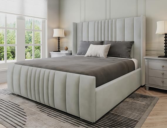 Manhattan Double Bed Frame 4ft6, Modern Plush Velvet Upholstered Panelled Design, Luxury 4ft6 Beds Base with High Headboard, Stylish Bed Frame Double for Bedrooms in Silver Plush