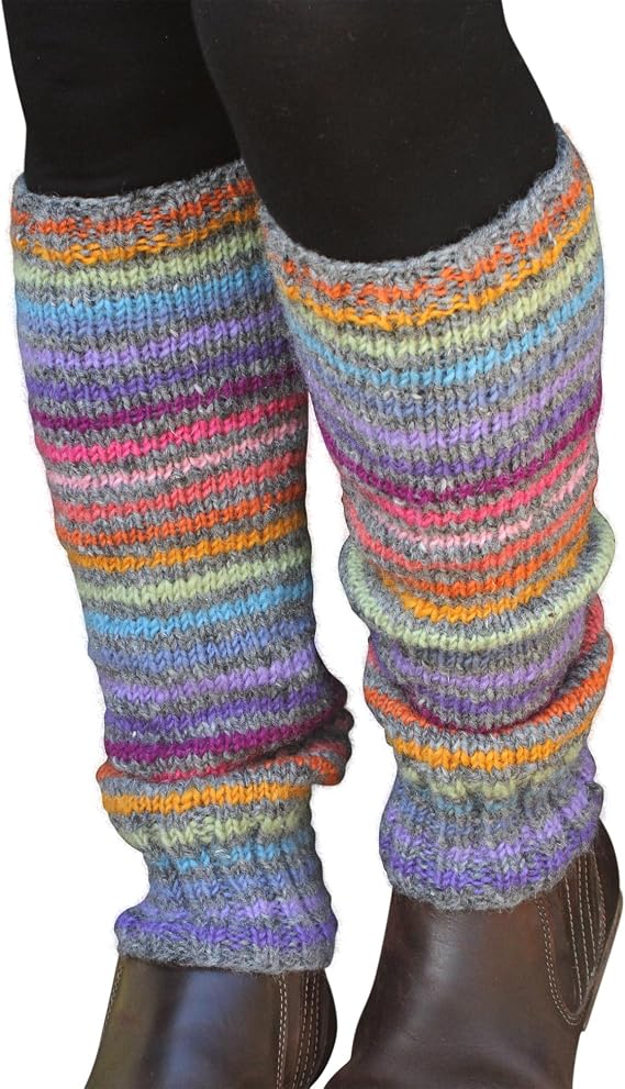 Pachamama 100% Wool Legwarmer Handknitted Stripes Grey Multicoloured Regular Fit Handmade Extra Warm Fair Trade