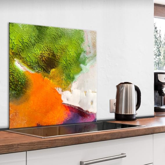 murando Glass Splashback for Kitchen Backsplash Cooker Protector Tempered Glass Decorative Wall Art Panel Heat Resistant Graphic 60x60 cm / 24"x24" Abstract Orange Green White a-A-0637-aq-a