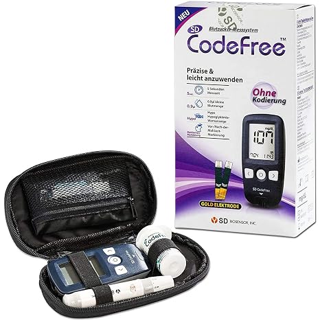 SD CodeFree Blood Glucose Meter Set mg/dL - Diabetes Meter with Blood Glucose Test Strips & Blood Lancets - Glucose Meter for Blood Sugar Control Lancing Aid Case & Diabetic Diary