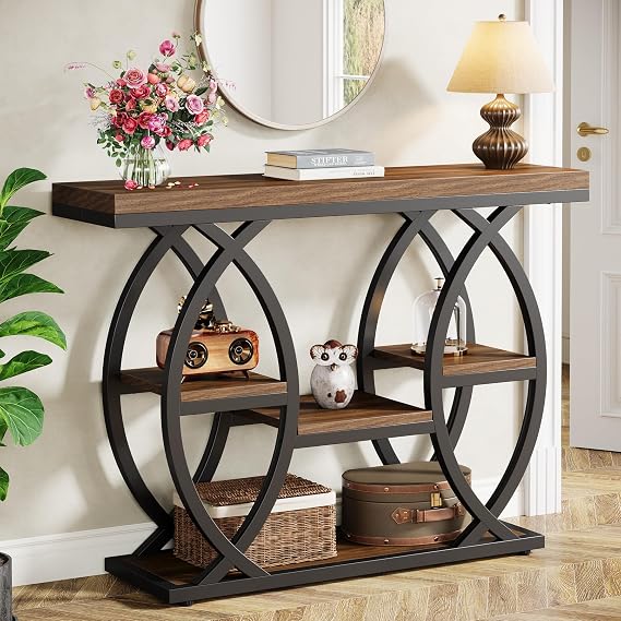 Tribesigns 100cm Console Table, Industrial 4-Tier Sofa Table Entryway Table with Storage Shelves, Narrow Wood Accent Tables with Metal Frame for Small Spaces, Hallway, Foyer (Rustic Brown)