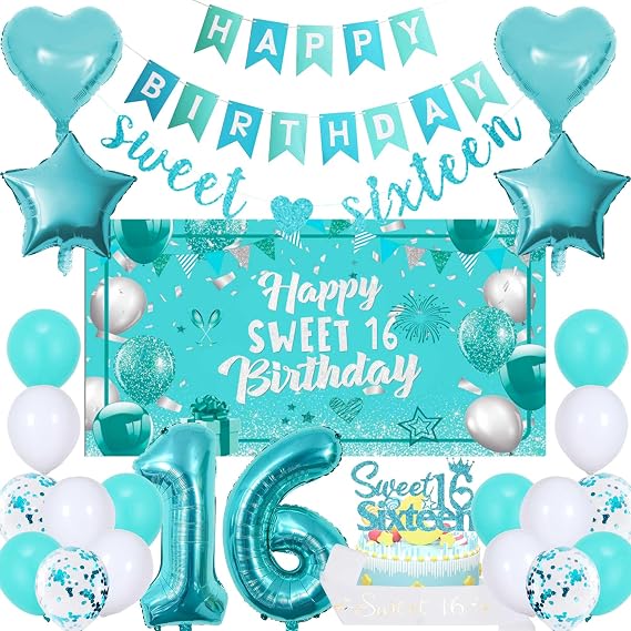 16th Birthday Decorations Banner Girls - 27 PC Teal 16th Birthday Set