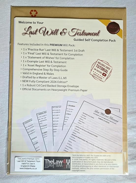 Last Will & Testament Premium (DIY) Self Completion Kit, Valid in England & Wales.