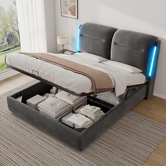 Double Bed Frame 4ft6 with LED and Lift Up Storage, Ottoman Bed Double with Thick Headboard, Beds, Frames and Bases with Slats and Metal Bedframe, Velvet, Grey, 135x190 cm, Without Mattress