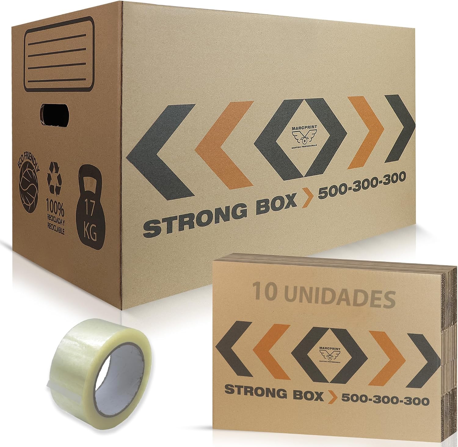 MARCPRINT Pack 10 Moving Boxes  SEAL - Moving Cardboard Boxes 50x30x30cm Reinforced and Resistant - FSC Certification Cardboard Boxes - 100% Reusable Moving Cardboard Boxes
