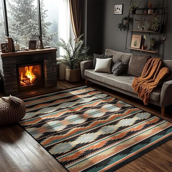 Southwestern Aztec Striped Area Rug 100x150cm - Tribal Geometric Zigzag Pattern Rug for Living Room Bedroom,Non-Slip Washable Carpet,Rustic Bohemian Navajo Floor Decor for Cabin Fireplace Area